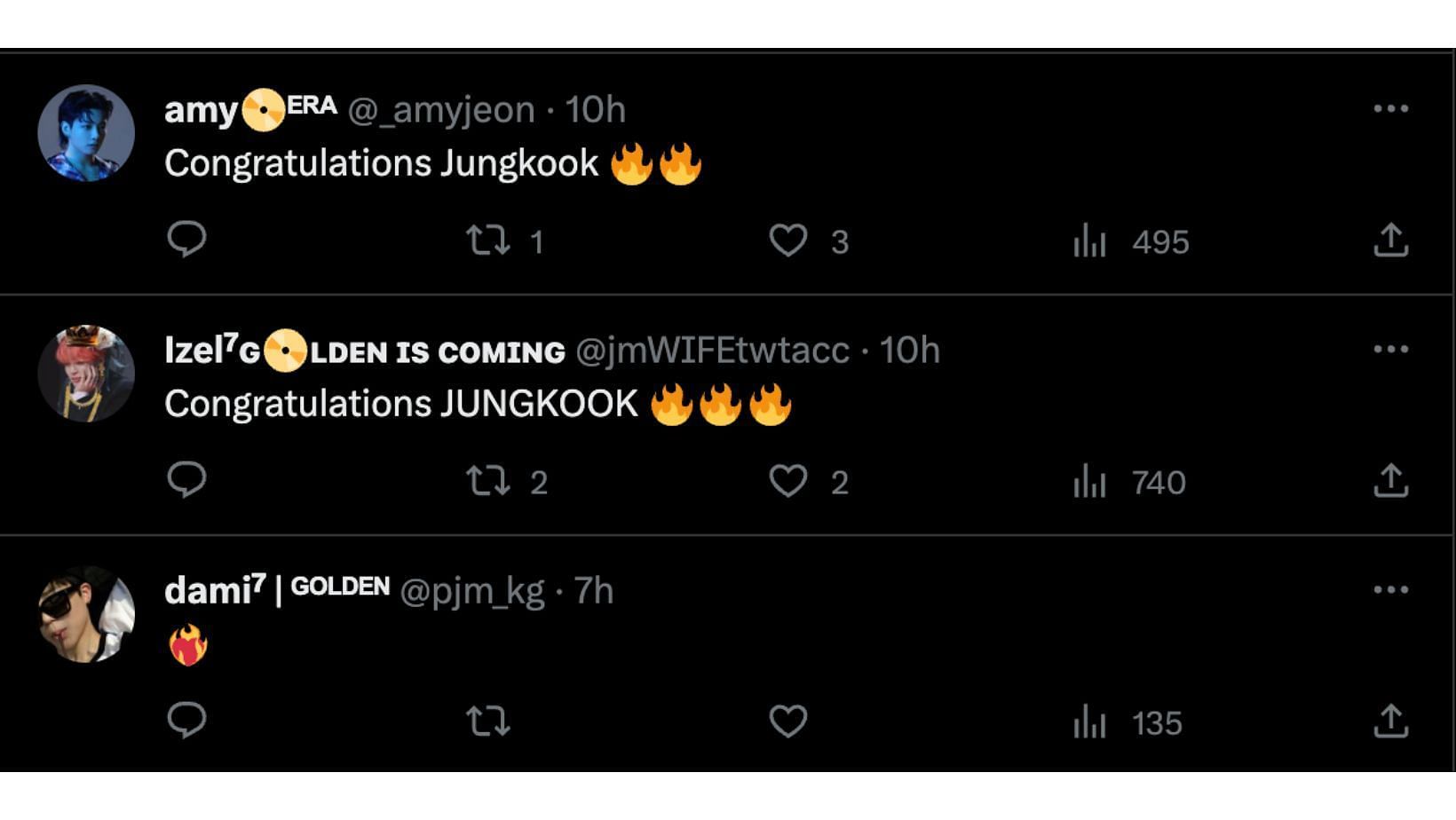 Fans praise the BTS idol for his new feat. (Image via Twitter/@_amyjeon and @pjm_kg and @jmWIFEtwtacc)